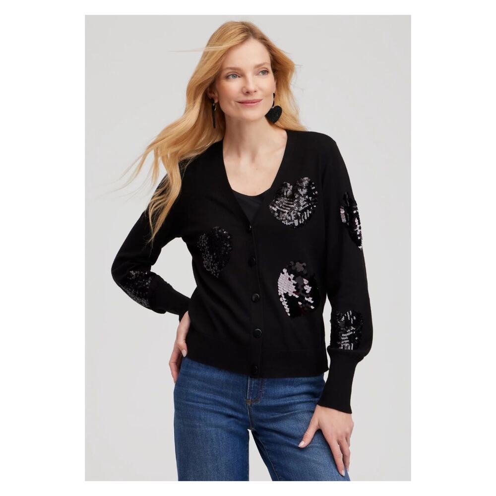 Chico’s Black Sequin Hearts Cardigan Sweater Sz.3/XL NWT